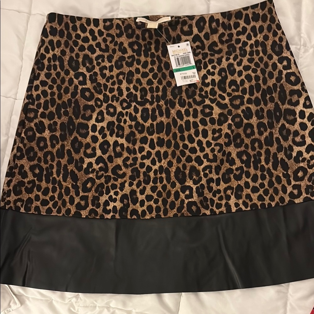 Leopard Print Faux Leather Hem Mini Skirt - Brown/Black
